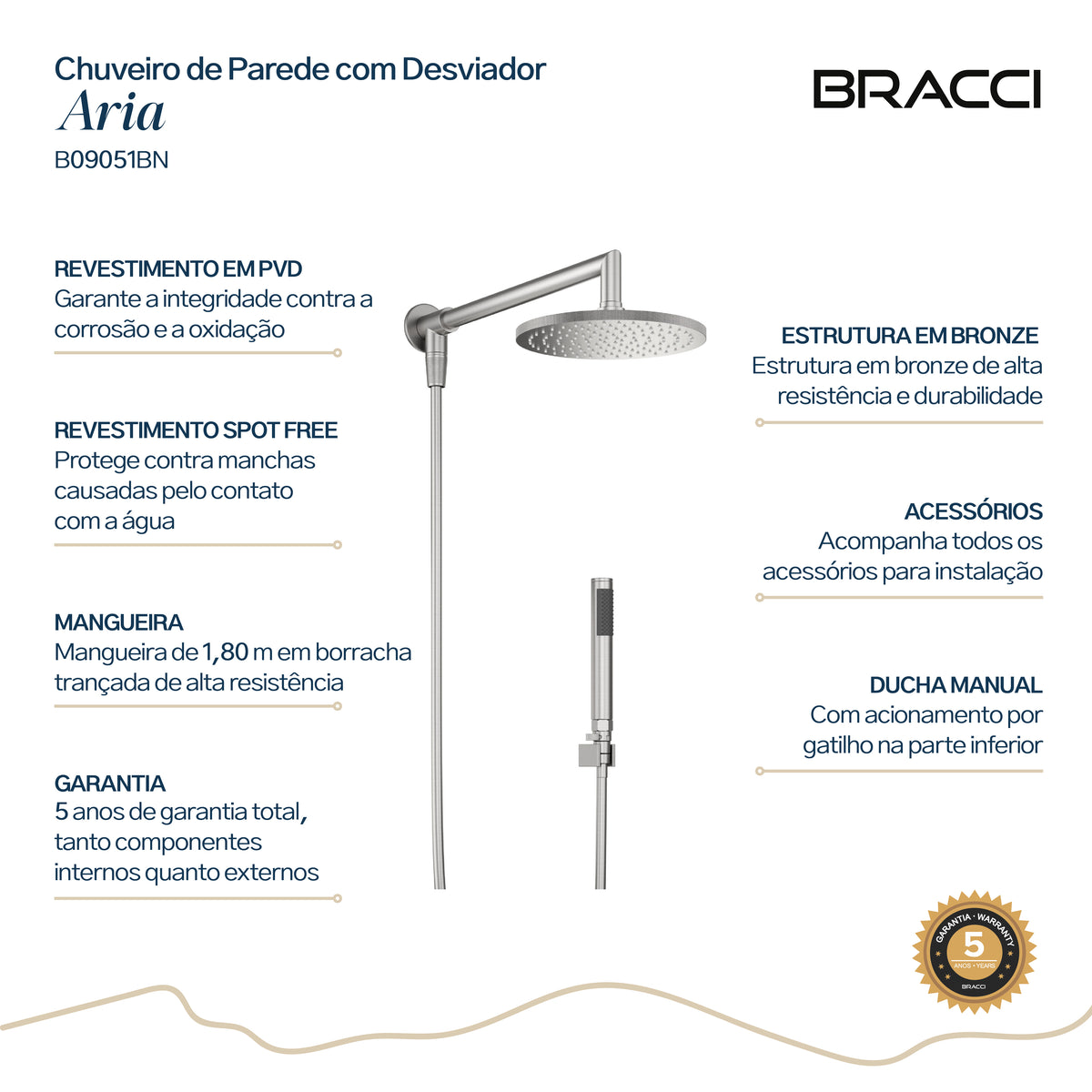 Chuveiro Parede com Desviador Aria Aço Escovado
