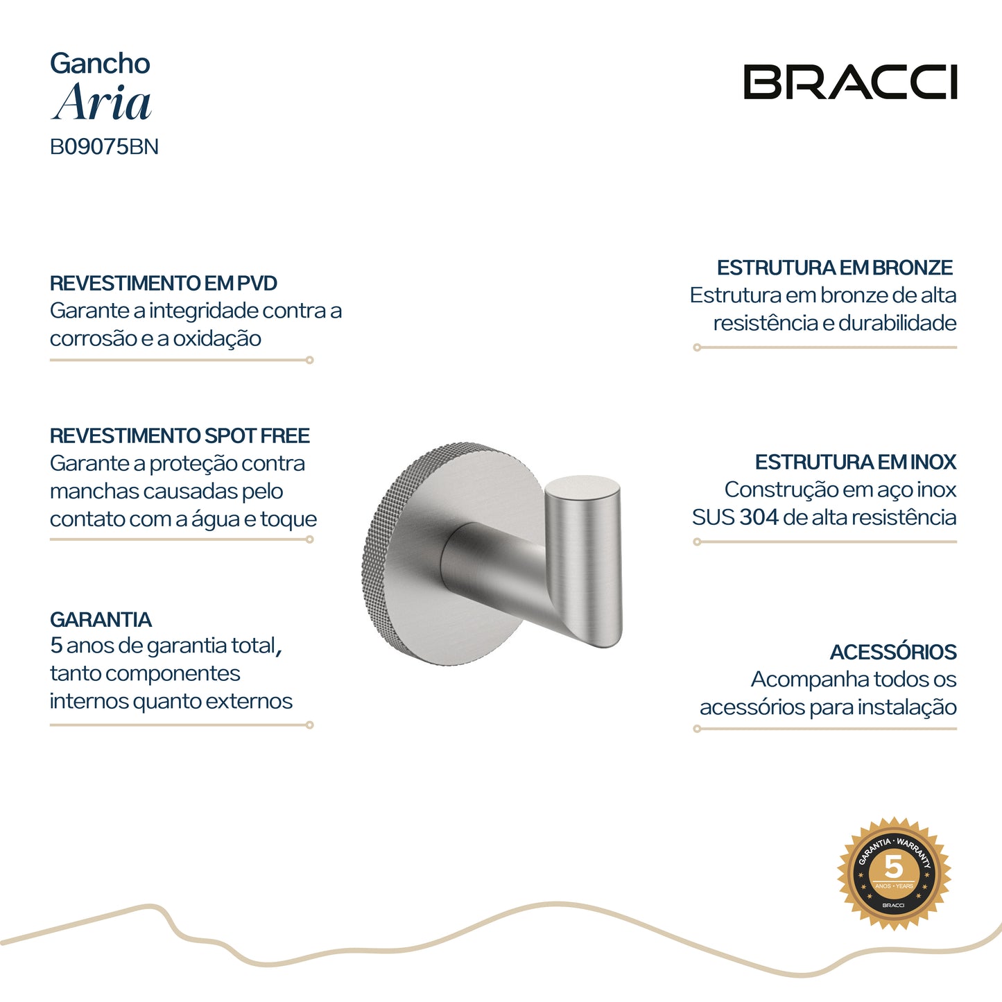 GANCHO SIMPLES ARIA AÇO ESCOVADO