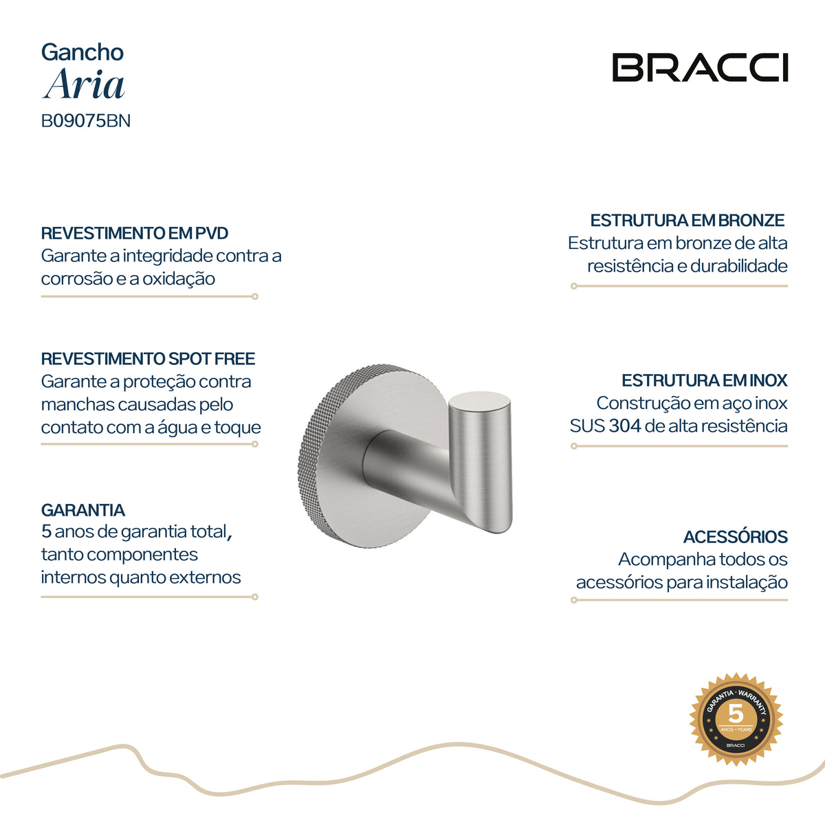 GANCHO SIMPLES ARIA AÇO ESCOVADO