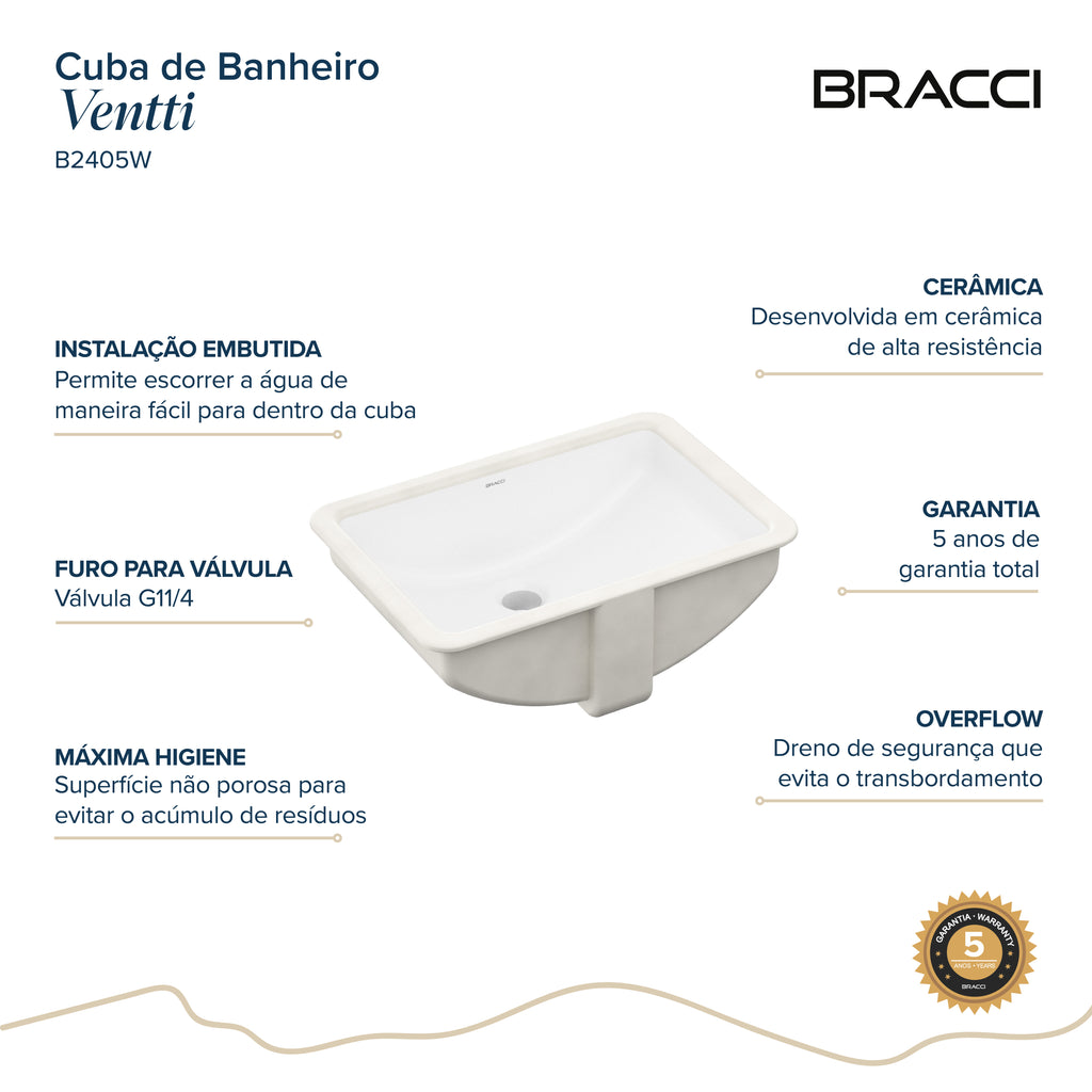 CUBA VENTTI DE EMBUTIR 51CM BRANCO BRILHO