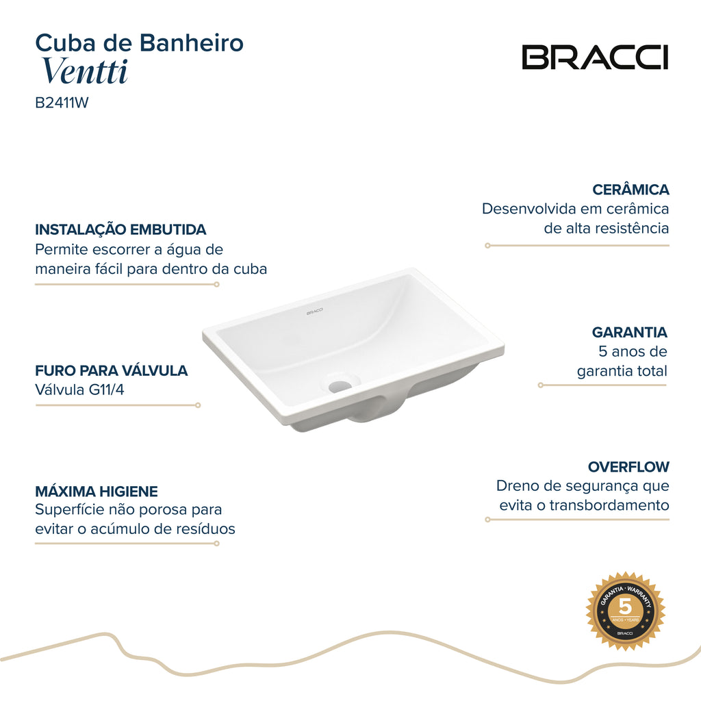 CUBA VENTTI DE EMBUTIR 46CM BRANCO BRILHO