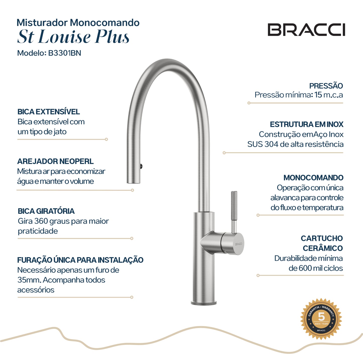 TORNEIRA MONOCOMANDO Q/F ST LOUISE PLUS AÇO ESCOVADO