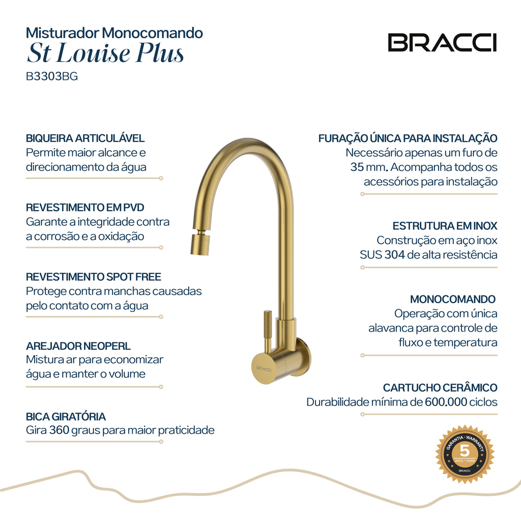 TORNEIRA PAREDE ÁGUA FRIA ST LOUISE BASIC DOURADO ESCOVADO