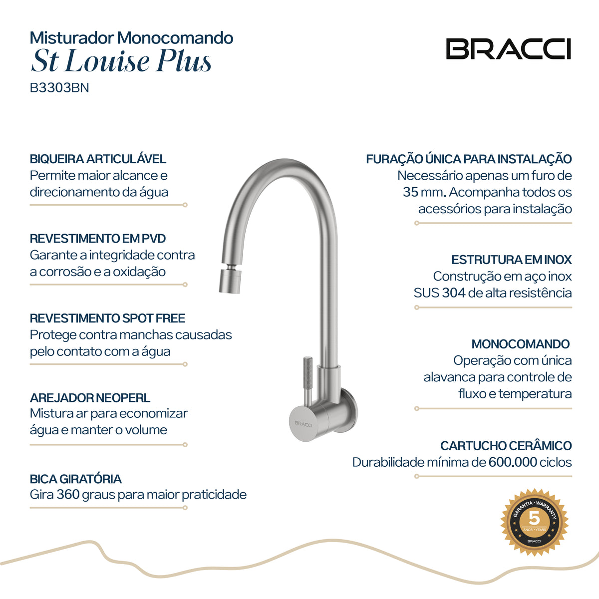 Torneira Parede Água Fria St Louise Basic Aço Escovado