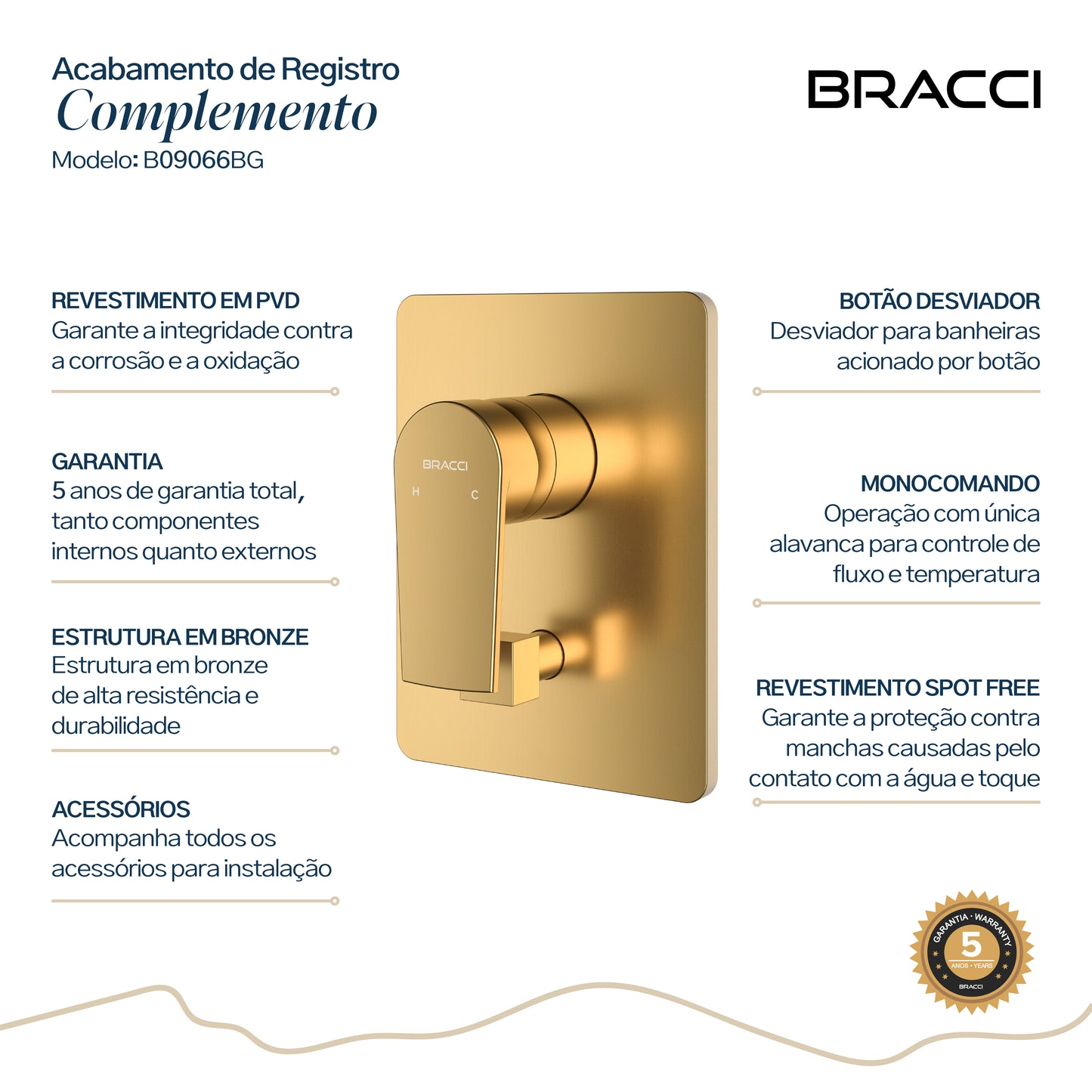 ACABAMENTO MONOCOMANDO CHUVEIRO COM DESVIADOR DOURADO ESCOVADO