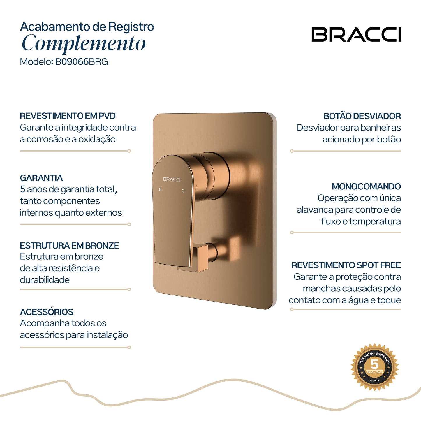 ACABAMENTO MONOCOMANDO CHUVEIRO COM DESVIADOR ROSE ESCOVADO