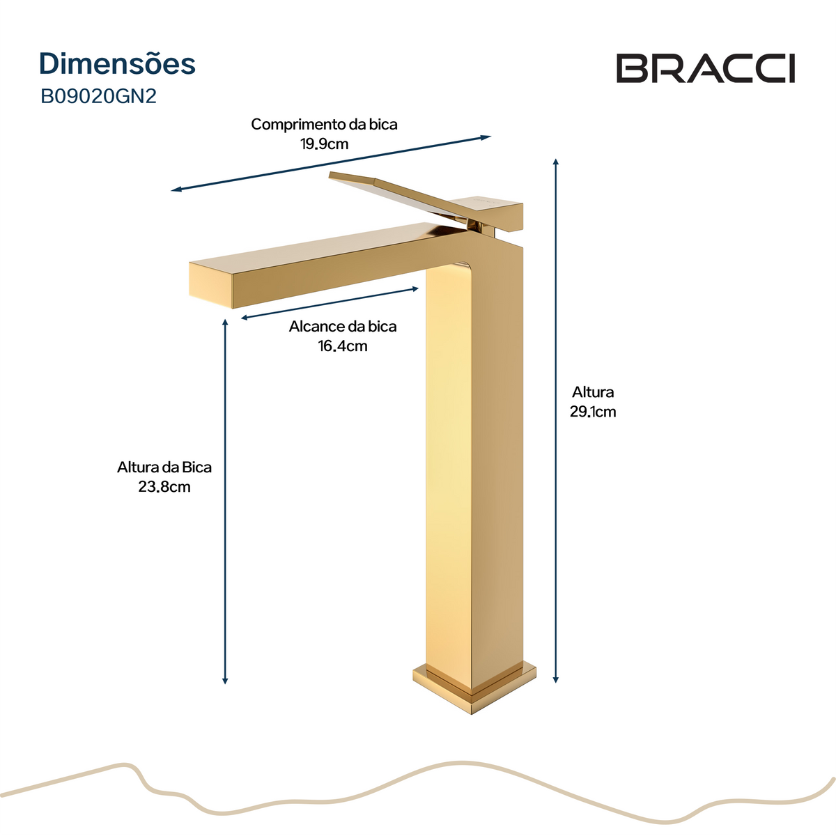 Torneira Monocomando Q/F Venza Dourado Alta Nanotecnologia - Medidas