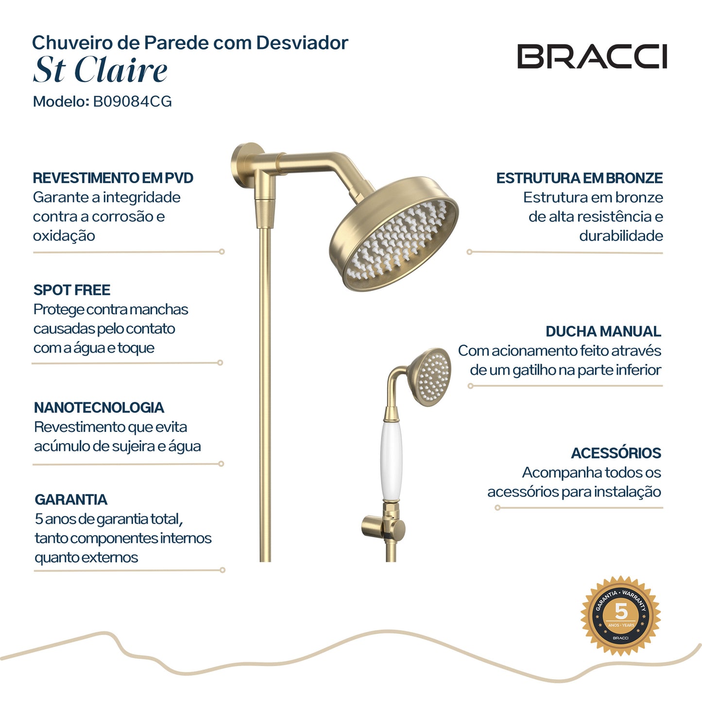 CHUVEIRO ST CLAIRE COM DESVIADOR CHAMPAGNE GOLD