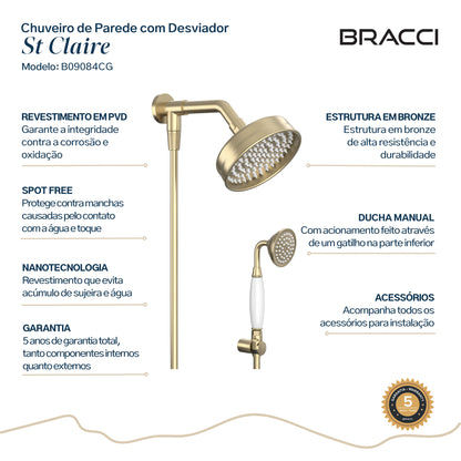CHUVEIRO ST CLAIRE COM DESVIADOR CHAMPAGNE GOLD