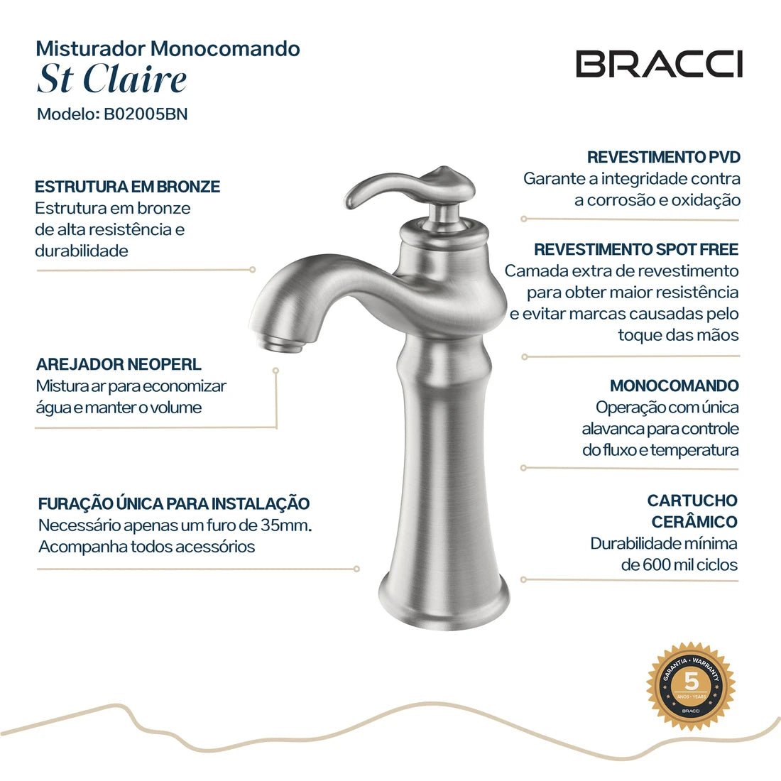 TORNEIRA MONOCOMANDO Q/F ST CLAIRE AÇO ESCOVADO