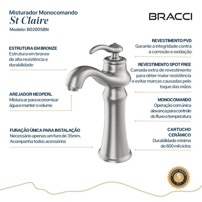 TORNEIRA MONOCOMANDO Q/F ST CLAIRE AÇO ESCOVADO