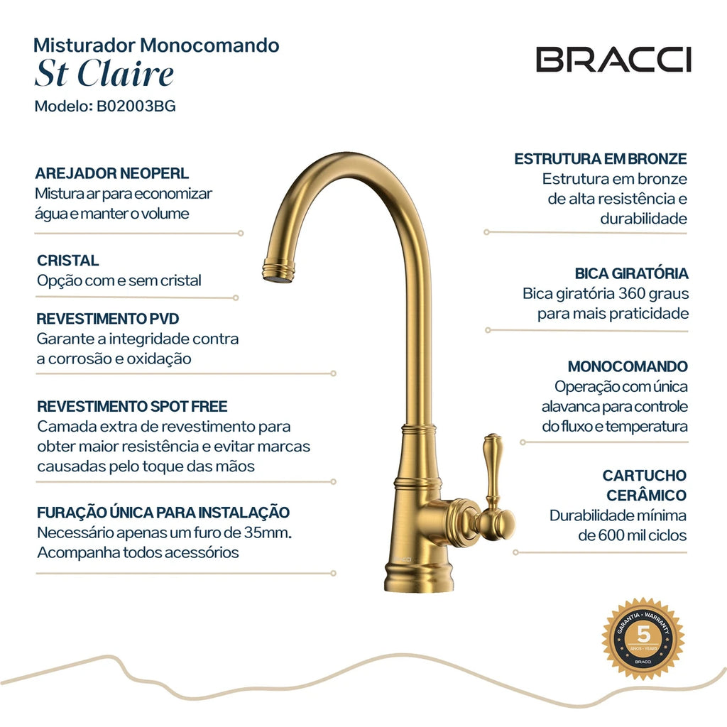 TORNEIRA MONOCOMANDO Q/F ST CLAIRE DOURADO ESCOVADO