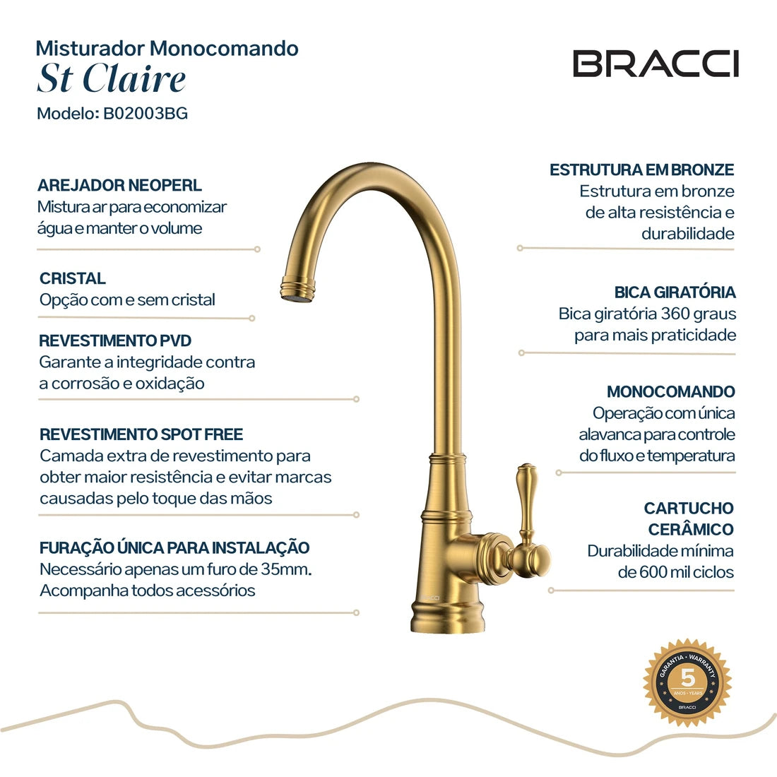 TORNEIRA MONOCOMANDO Q/F ST CLAIRE DOURADO ESCOVADO