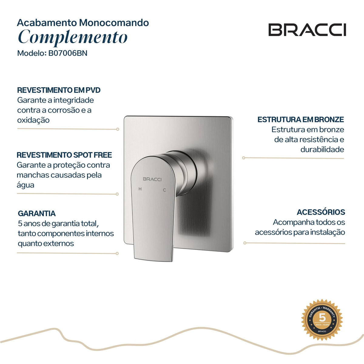 ACABAMENTO MONOCOMANDO CHUVEIRO AÇO ESCOVADO