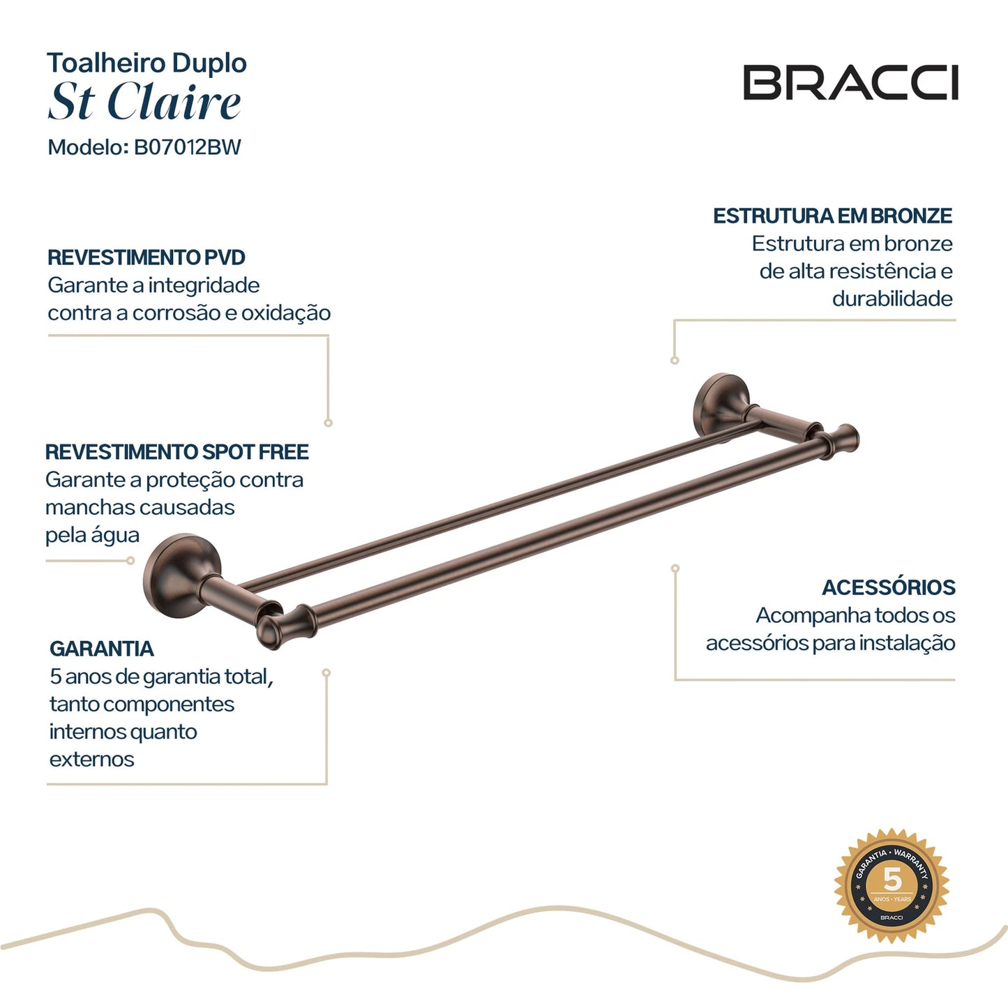 TOALHEIRO DUPLO ST CLAIRE BRONZE ESCOVADO